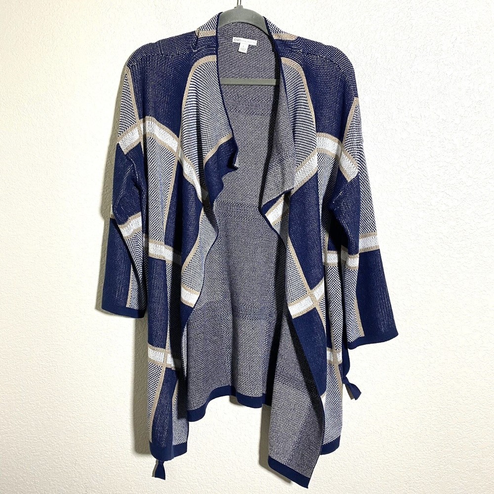Cato Womens Cardigan Size Large Blue White Cotton Acrylic Wool Blend